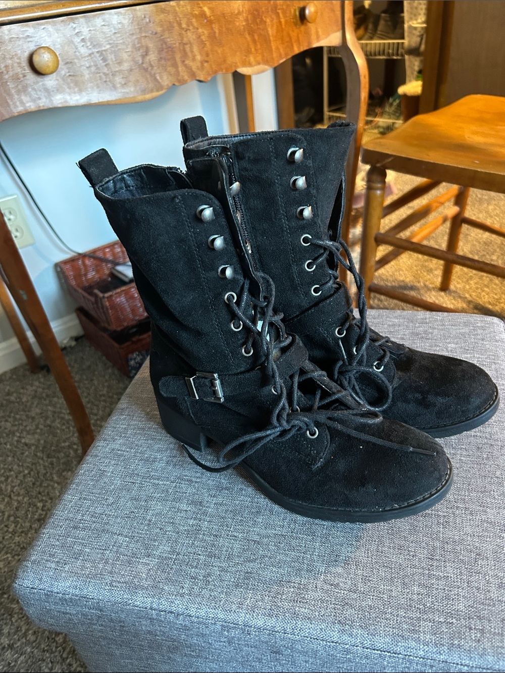 Black Lace-Up Suede Combat Boots